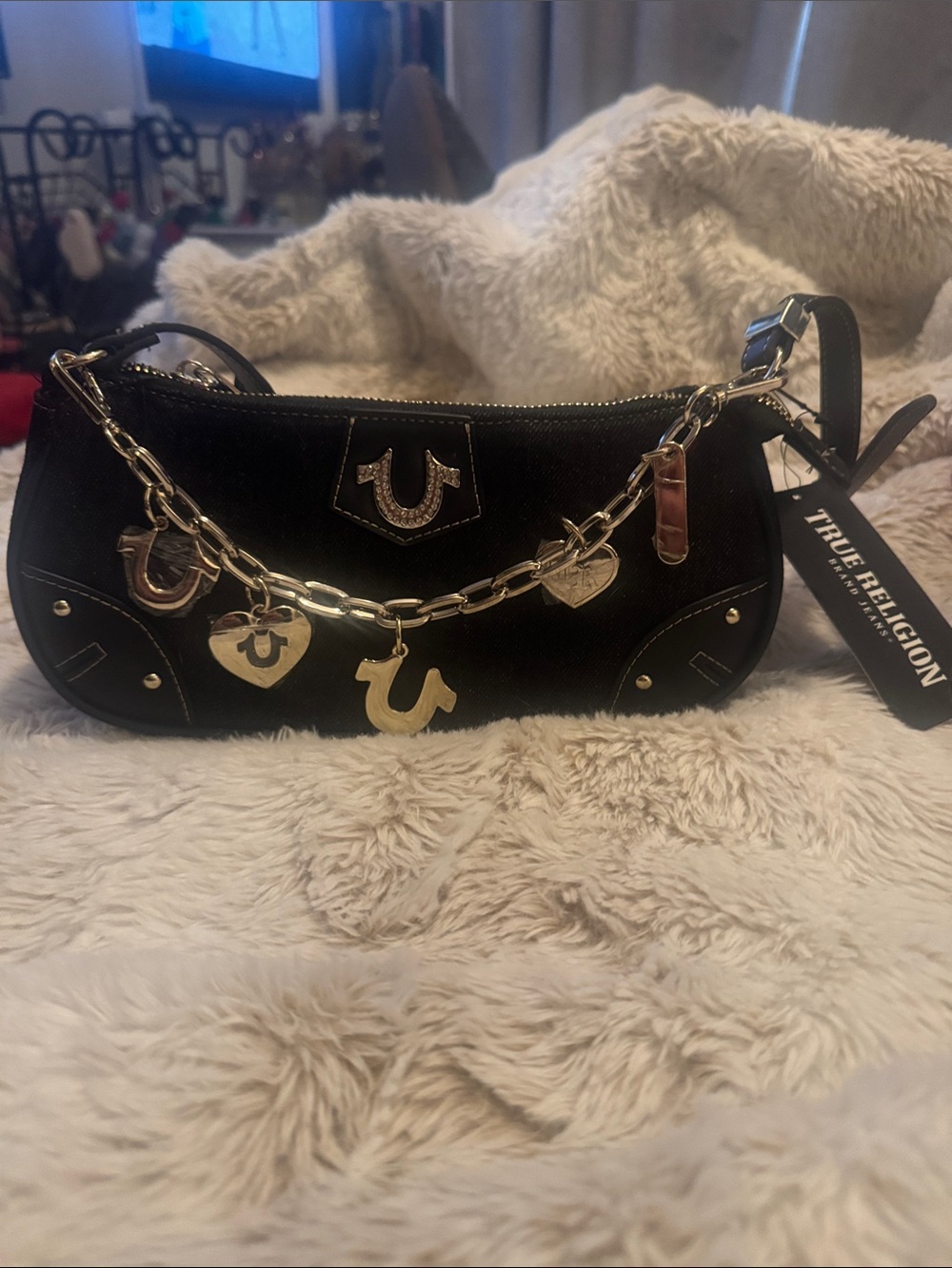 True Religion Black Shoulder Bag with silver Charm Chain